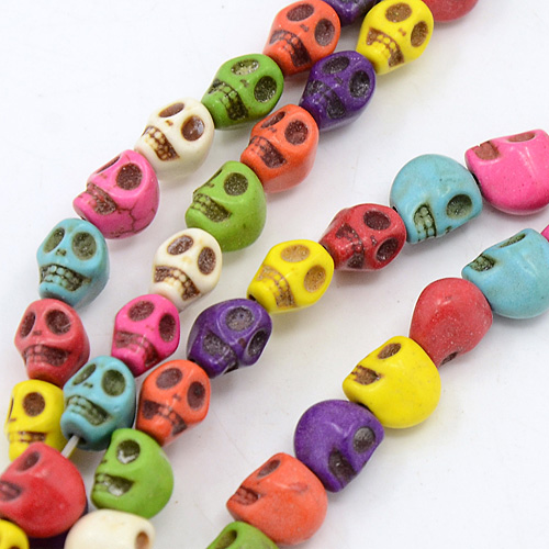 PandaHall Natural Howlite Beads Strands, Dyed, Skull, Mixed Color, 7x6x8mm, Hole: 1mm; about 50pcs/strand, 15.35" Howlite Skull Multicolor