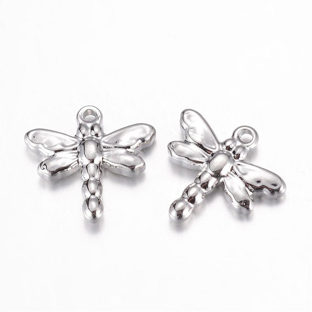 PandaHall 304 Stainless Steel Charms, Dragonfly, Stainless Steel Color, 15x16x3.5mm, Hole: 1mm Stainless Steel Dragonfly