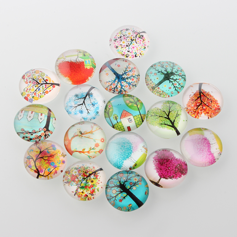 PandaHall Tree of Life Printed Half Round/Dome Glass Cabochons, Mixed Color, 15x4mm Glass Half Round Multicolor