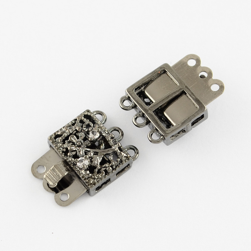 PandaHall Rectangle Brass Multi-strand Box Clasps, with Grade A Rhinestone, Gunmetal, 17x12x6mm, Hole: 2mm Brass+Rhinestone Rectangle