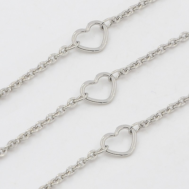 PandaHall 304 Stainless Steel Cable Chains, with Heart Connector, Stainless Steel Color, 1mm Stainless Steel