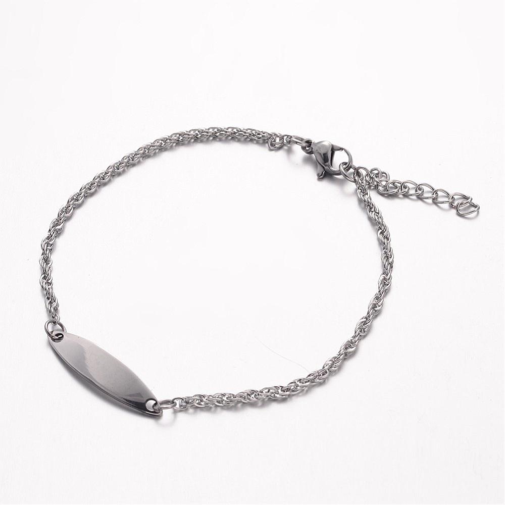 PandaHall 304 Stainless Steel ID Bracelets, Horse Eye, with Rope Chains and Lobster Clasps, Stainless Steel Color, 7-1/4"(185mm); 2mm...