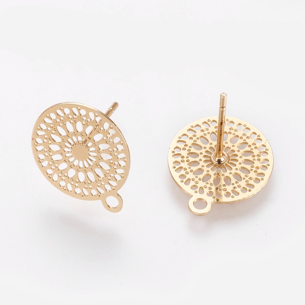PandaHall Brass Stud Earring Findings, Flat Round with Flower, Real Gold Plated, 14x12x0.3mm, Hole: 1.4mm; Pin: 0.7mm Brass