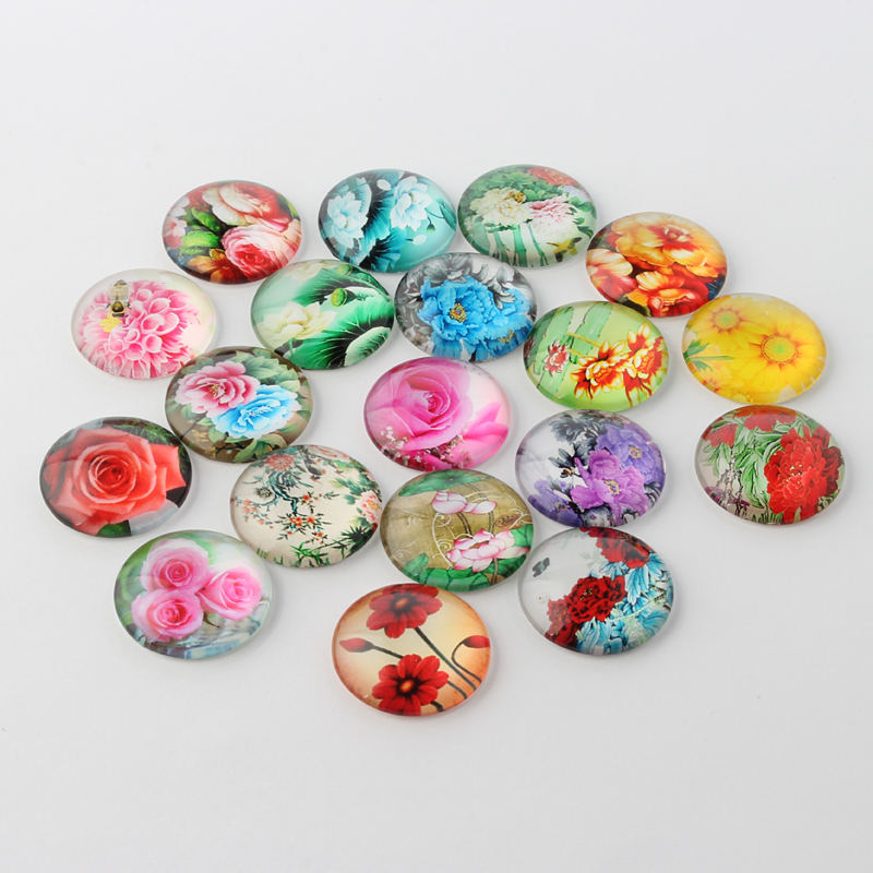 PandaHall Flower Printed Glass Flatback Cabochons, Half Round/Dome, Mixed Color, 12x4mm Glass Half Round Multicolor