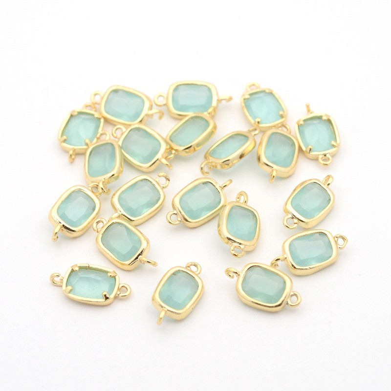 PandaHall Golden Plated Brass Glass Links, Faceted Rectangle, Turquoise, 14x7x4mm, Hole: 1mm Glass Rectangle Green