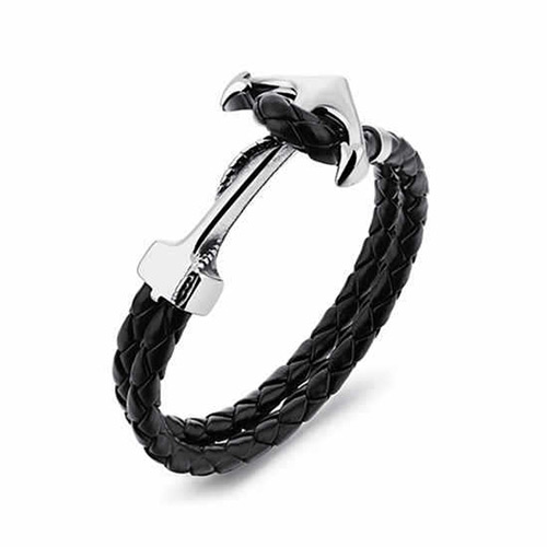 PandaHall Braided Cowhide Cord Bracelets, Men's Multi-strand Bracelets, with Stainless Steel, Anchor, Black, 200mm(7.87") Leather Black