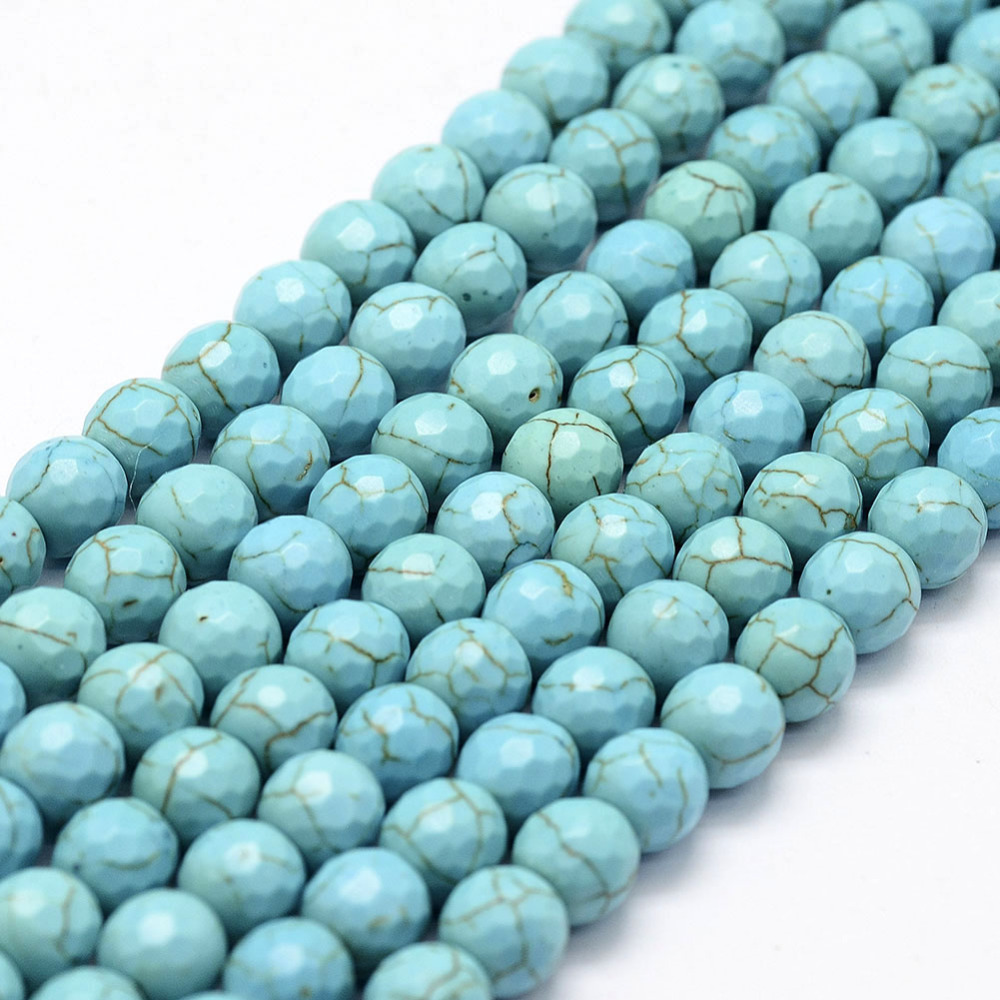PandaHall Faceted Synthetical Turquoise Beads Strands, Round, Dyed, SkyBlue, 6mm, Hole: 1.5mm; about 68~69pcs/strand, 14.7" Synthetic...