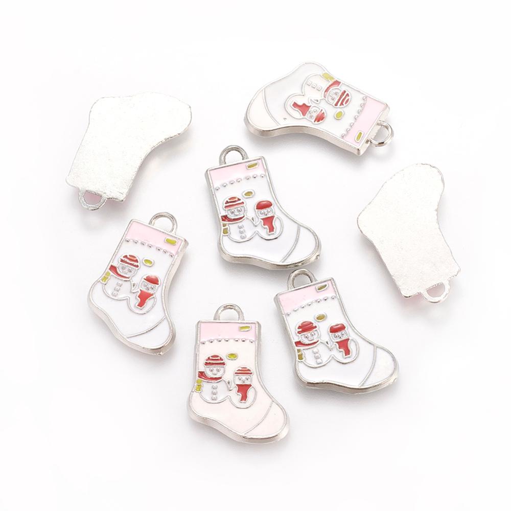 PandaHall Alloy Enamel Pendants, Christmas Stockings Charms for Holiday Jewelry Making, Lead Free and Cadmium Free, Platinum Metal Color...