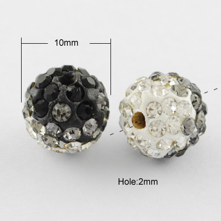 PandaHall Pave Disco Ball Beads, Polymer Clay Rhinestone Beads, Grade A, Jet, 10mm, Hole: 2mm Polymer Clay+Glass Rhinestone Round