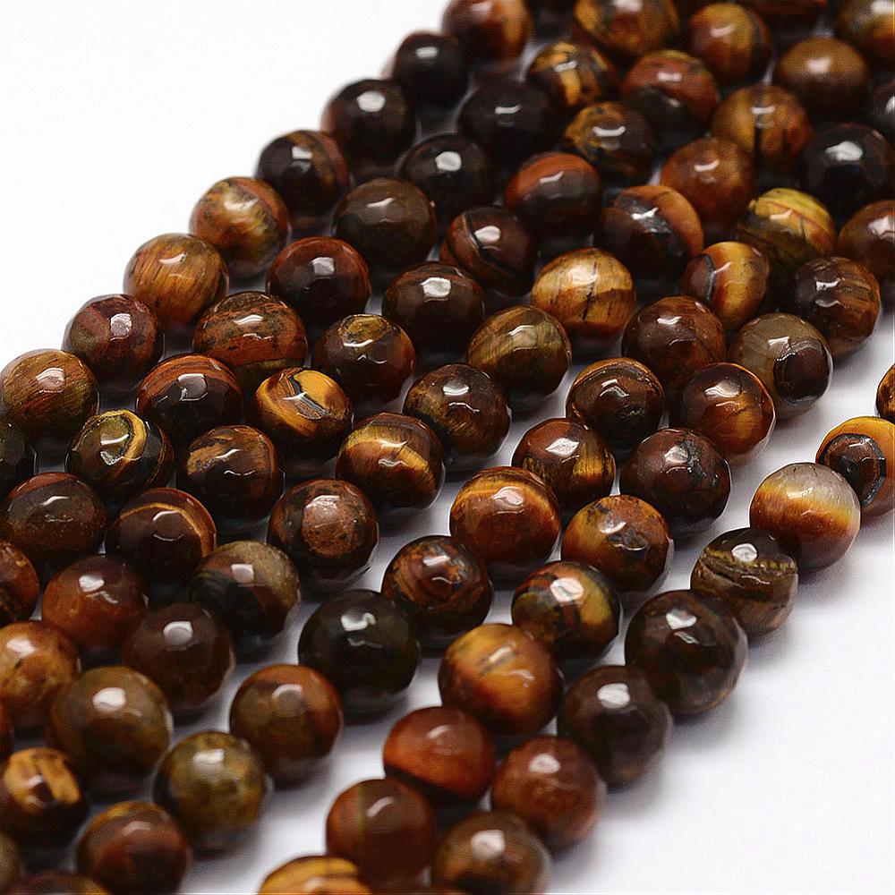 PandaHall Faceted Natural Tiger Eye Beads Strands, Round, 8mm, Hole: 1mm; about 48pcs/strand, 14.5" Tiger Eye Round Orange