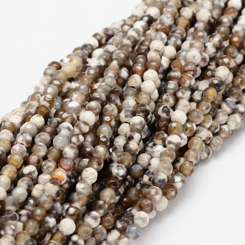 PandaHall Faceted Natural Agate Round Beads Strands, Dyed, Camel, 4mm, Hole: 1mm; about 92pcs/strand, 15.3" Natural Agate Round Brown