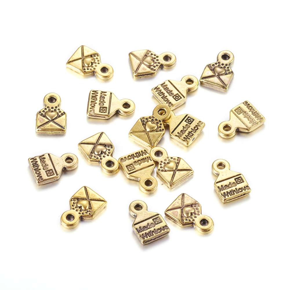 PandaHall Tibetan Silver Envelope Carved Heart and Word Made with Love Charms for Gift Making, Antique Golden, Lead Free & Cadmium Free &...