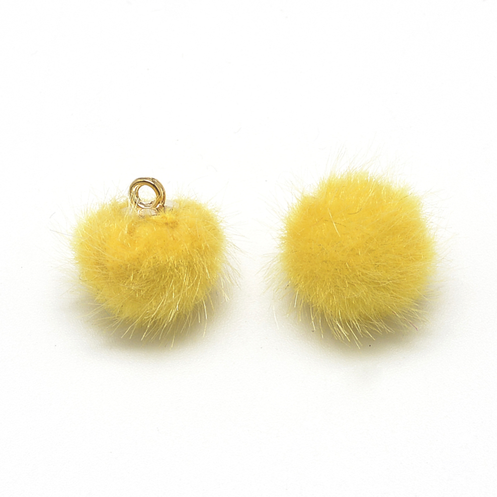 PandaHall Imitation Mink Fur Covered Pendants, with Golden Tone Brass Findings, Round, Yellow, 17x14~15mm, Hole: 2mm Fibre Round Yellow