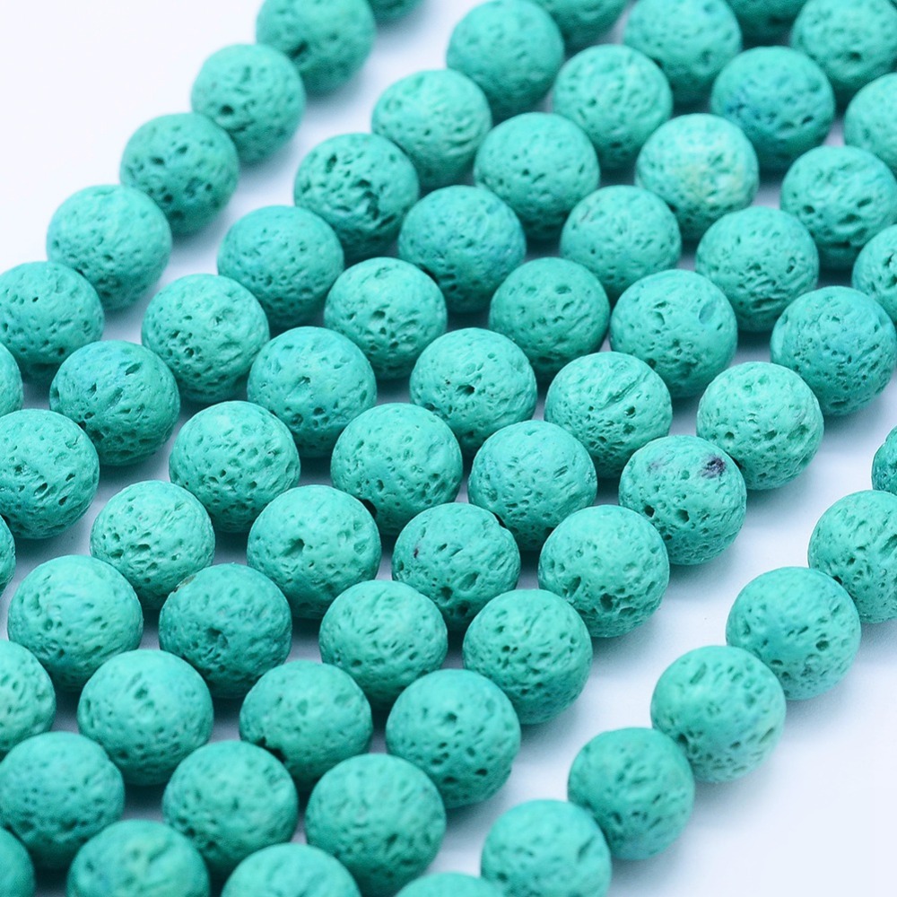 PandaHall Natural Lava Beads Strands, Dyed, Round, MediumTurquoise, 8mm, Hole: 1mm; about 53pcs/strand, 15.3"(39cm)  Lava Round Cyan