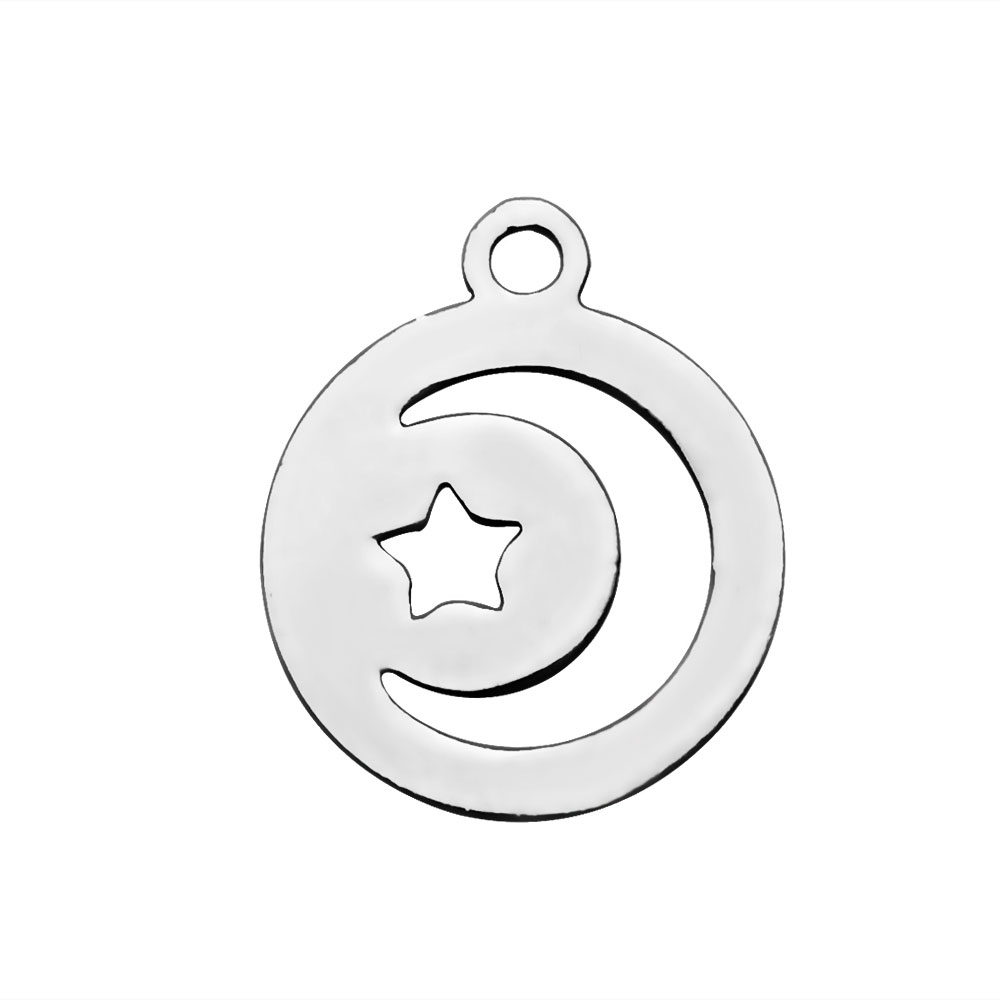 PandaHall 304 Stainless Steel Charms, Flat Round with Moon and Star, Stainless Steel Color, 14x12x1mm, Hole: 1mm Stainless Steel Flat Round
