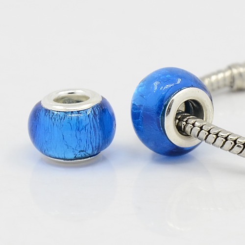 PandaHall RoyalBlue Handmade Foil Glass European Beads, Silver Color Brass Core, Rondelle, about 13mm in diameter, 10mm thick, hole: 5mm...