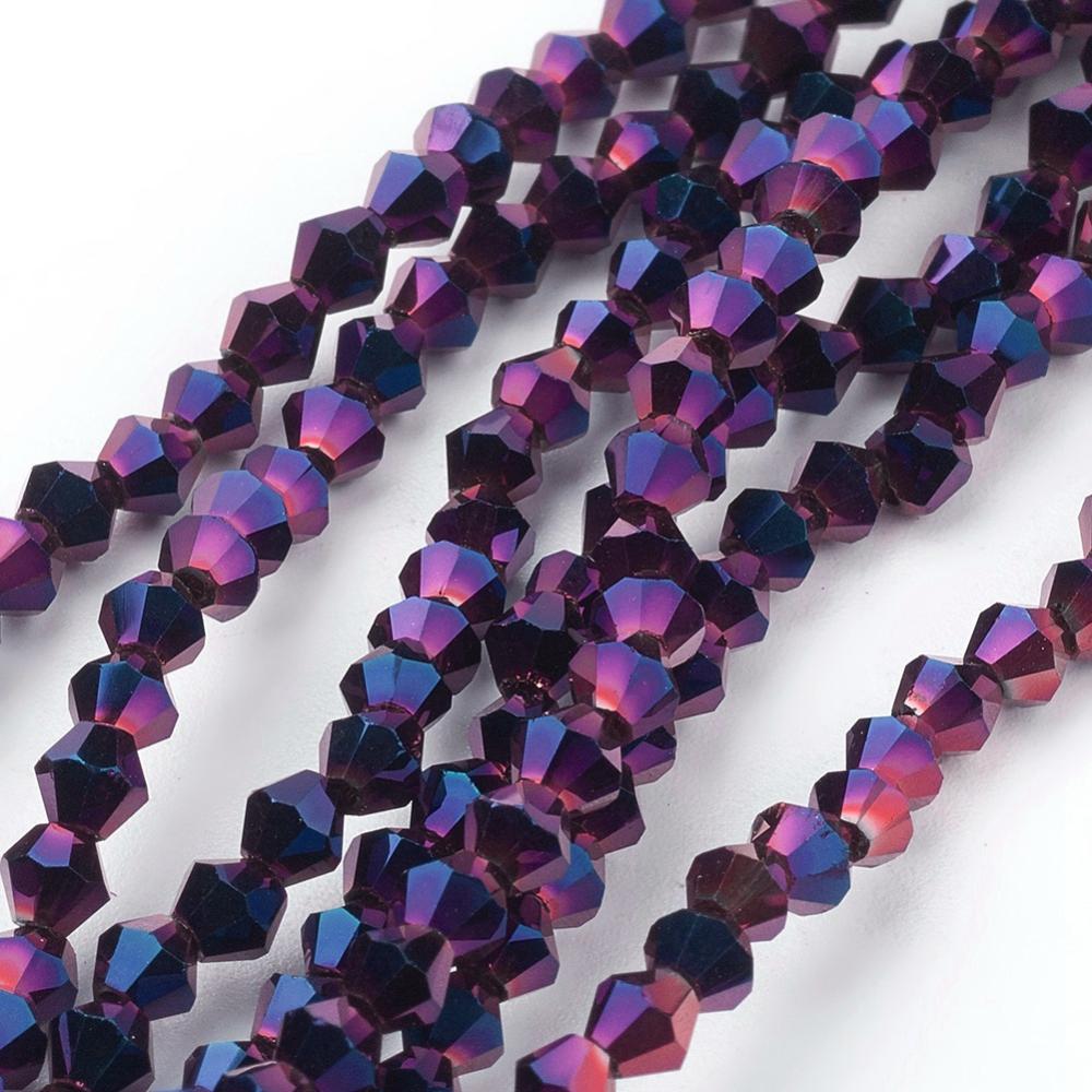 PandaHall Electroplate Glass Beads Strands, Full Plated, Faceted, Bicone, Purple, 3x3mm, Hole: 1mm; about 150pcs/strand, 13.8" Bicone Purple