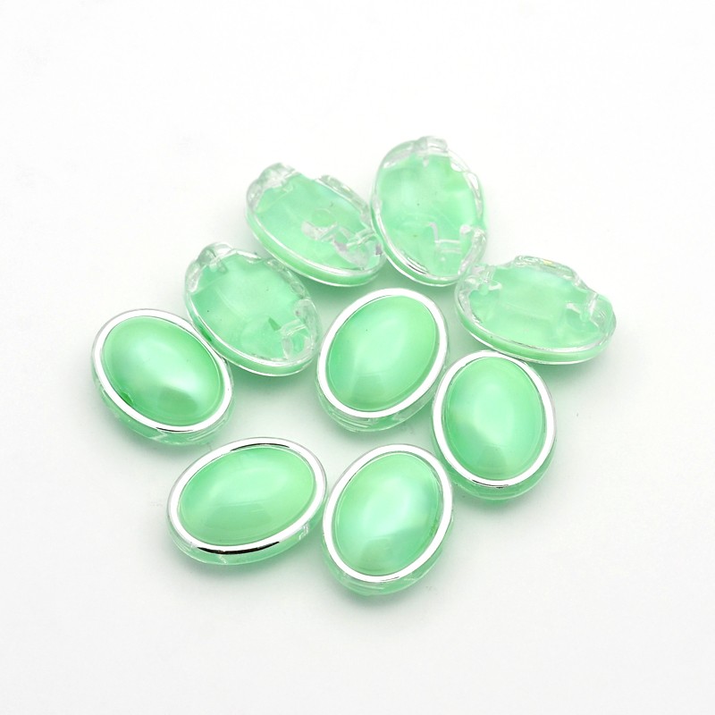 PandaHall Sew on Taiwan Acrylic, Garment Accessories, Oval, LightGreen, 11x9x6mm, Hole: 1mm Acrylic Oval Silver