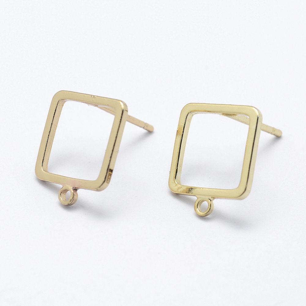 PandaHall Brass Stud Earring Findings, Long-Lasting Plated, Real 18K Gold Plated, Nickel Free, Square, 12x10x1mm, Hole: 1mm; Pin: 0.8mm...