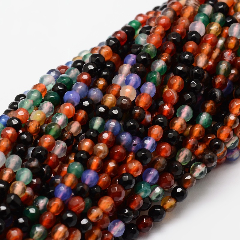 PandaHall Faceted Natural Agate Round Beads Strands, Dyed, Colorful, 4mm, Hole: 1mm; about 92pcs/strand, 15.3" Natural Agate Round
