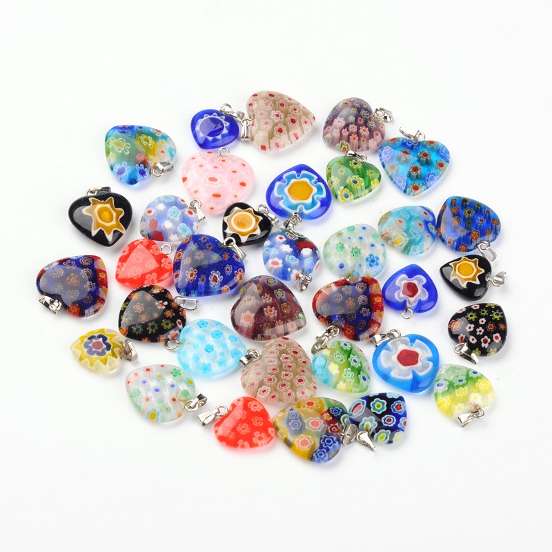 PandaHall Mixed Pattern Heart Handmade Millefiori Glass Pendants, with Brass Findings, Platinum, Mixed Color, 17~25x14~20x4~6mm, Hole...
