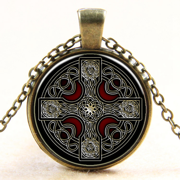 PandaHall Pretty Cross Pattern Flat Round Glass Pendant Necklaces, with Alloy Chains, Antique Bronze, 18" Glass