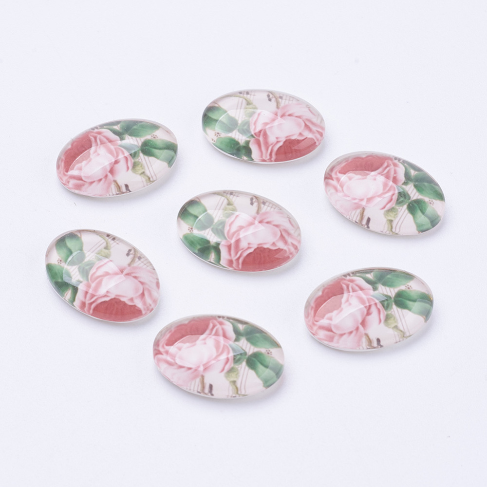 PandaHall Rose Flower Dome Oval Tempered Glass Flat Back Cabochons, Red, Size: about 18mm long, 13mm wide, 6mm thick Glass Oval Red
