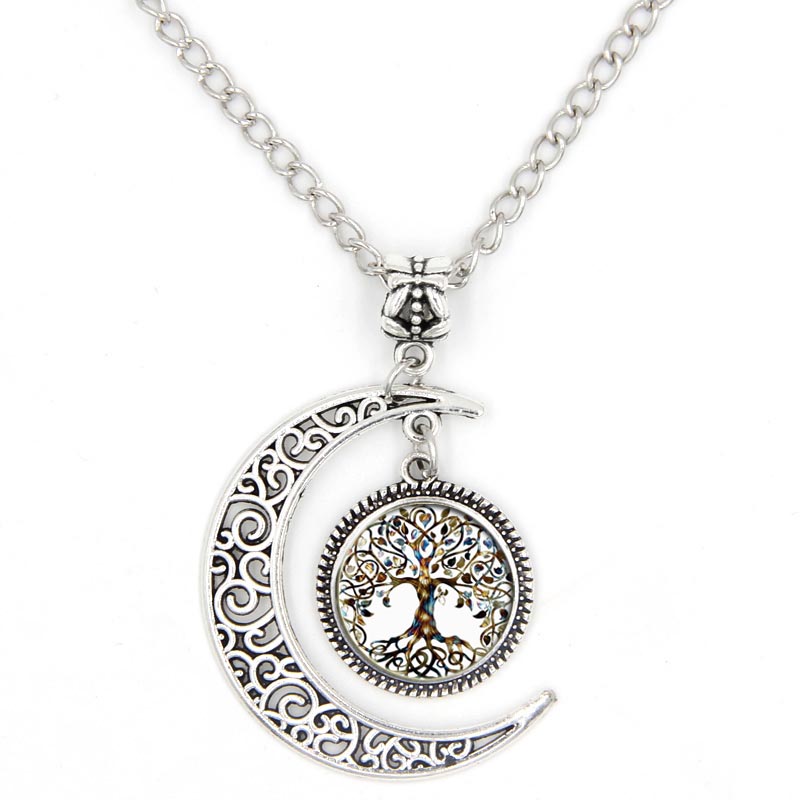 PandaHall Picture Glass Pendant Necklaces, with Alloy Chains, Moon & Tree of Life, Antique Silver, White, 18.5"(47cm) Glass White