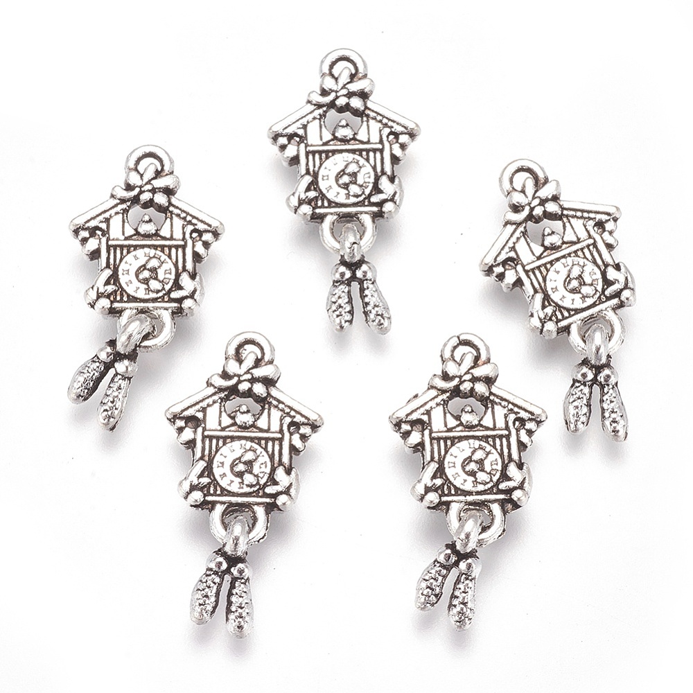 PandaHall Alloy Pendants, Nickel Free, House, Antique Silver Color, Size: about 25mm long, 10mm wide, 3mm thick, hole: 2mm Alloy Clock