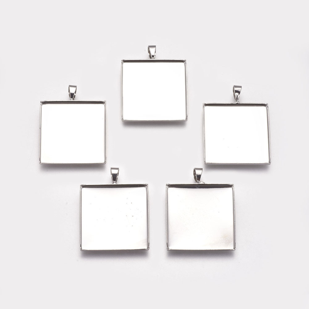 PandaHall Brass Pendant Cabochon Settings, Square, Platinum, Tray: 21x21mm, Hole: 5.5x3.5mm Brass Square
