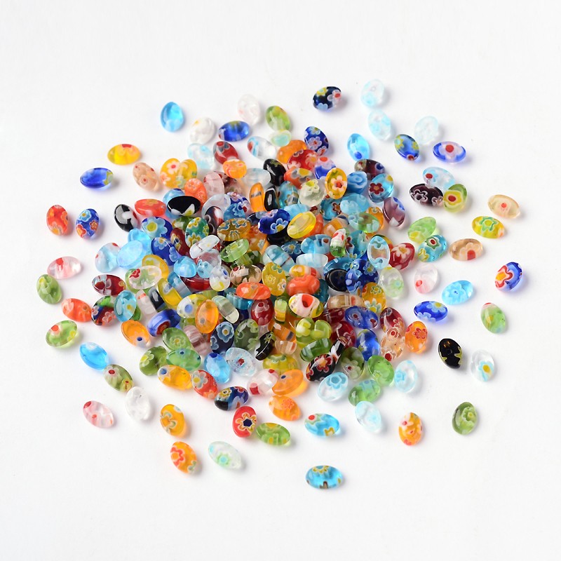 PandaHall Oval Millefiori Glass Cabochons, Mixed Color, 6x4x2mm; about 2325pcs/200g, 200g/bag Millefiori Lampwork Oval Multicolor