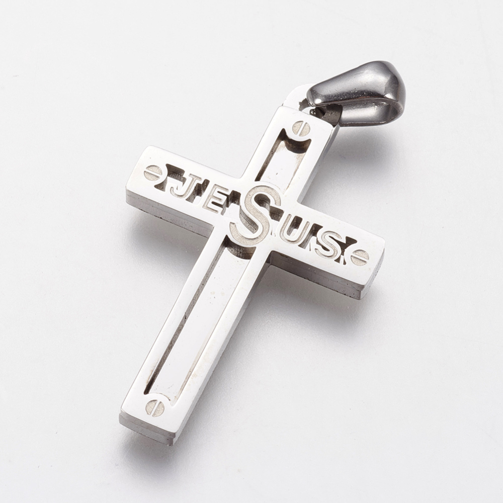 PandaHall 316 Stainless Steel Pendants, Jesus Cross, Stainless Steel Color, 31x19x2mm, Hole: 3x4mm Stainless Steel Cross