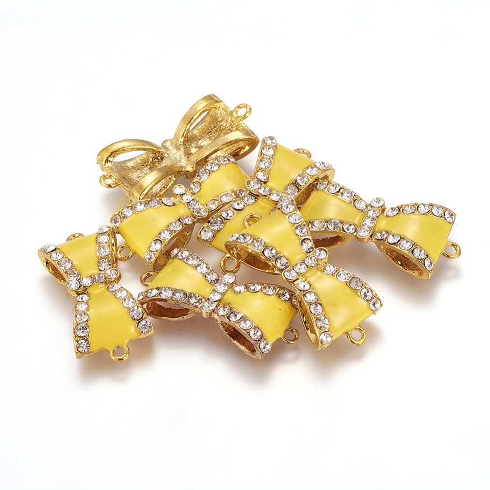 PandaHall Alloy Rhinestone Enamel Links, Bowknot, Lead Free, Golden, Yellow, 16x36x7mm, Hole: 2mm Alloy+Rhinestone Bowknot Yellow