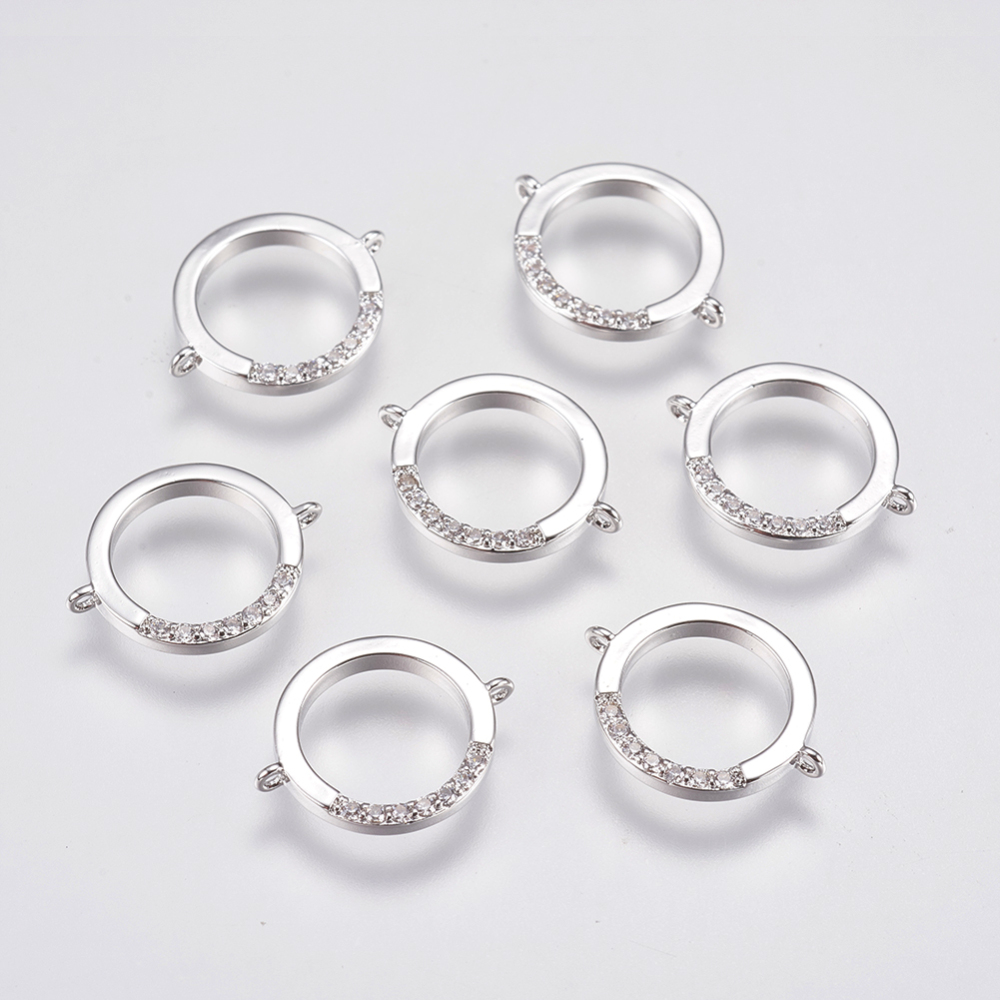 PandaHall Brass Micro Pave Cubic Zirconia Links, Clear, Open Flat Round, Real Platinum Plated, 14x11x1.5mm, Hole: 1mm Brass+Cubic Zirconia...