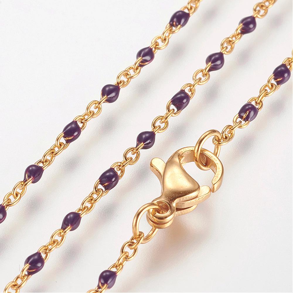 PandaHall 304 Stainless Steel Chain Necklaces, with Enamel Links, Golden, Purple, 17.91"(45.5cm); 1.5~2mm Stainless Steel Purple
