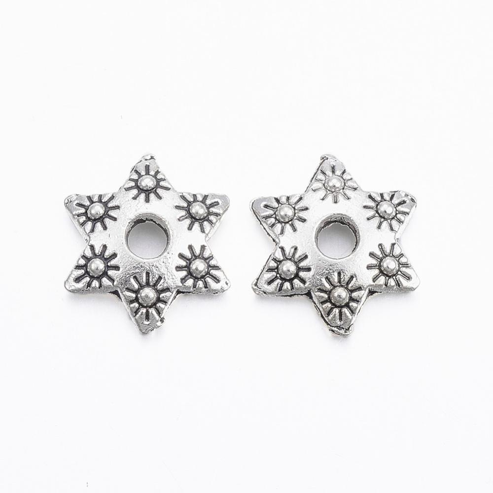 PandaHall Tibetan Style Alloy Bead Caps, 6-Petal, Flower, Antique Silver, 9x2mm, Hole: 2mm Alloy