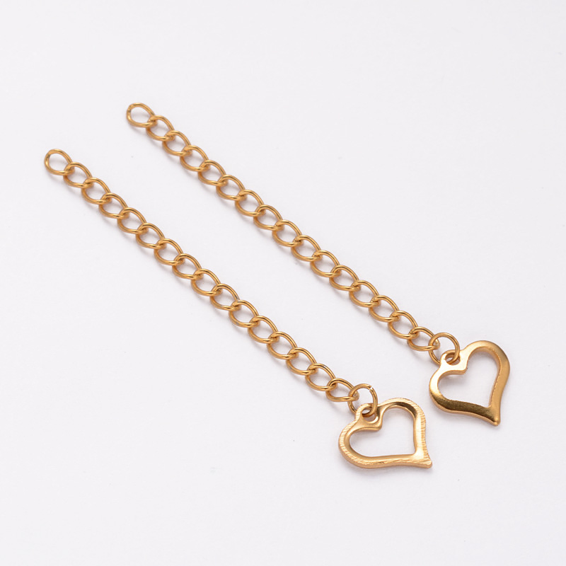 PandaHall 304 Stainless Steel Extender Chains, with Heart Charms, Golden, 62mm; Ring: 4x3x0.5mm Stainless Steel