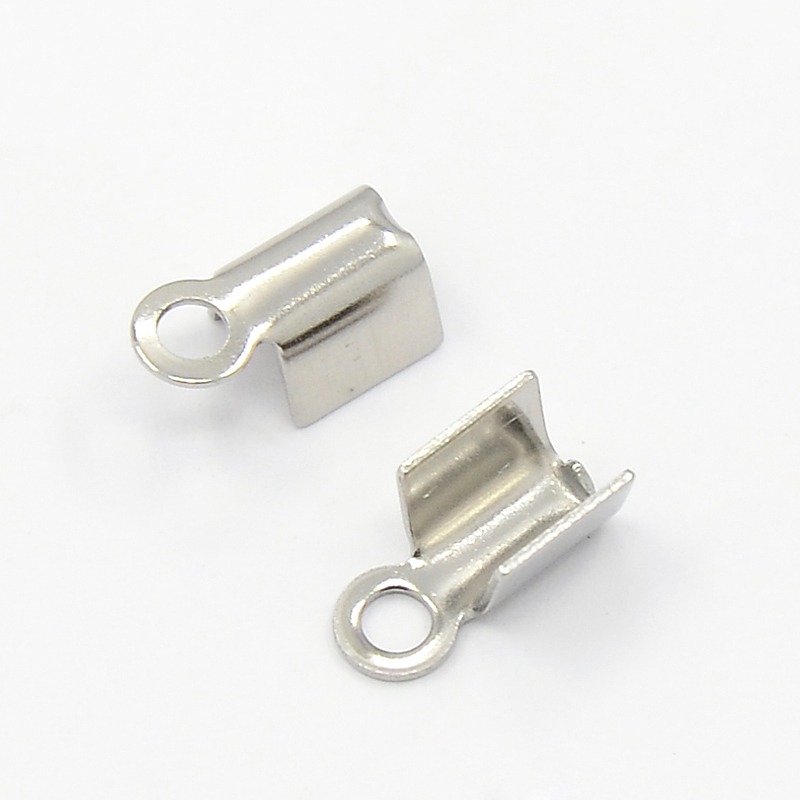 PandaHall 304 Stainless Steel Fold Over Crimp Cord Ends, Stainless Steel Color, 10x4.5x4mm, Hole: 2mm; 3x5mm inner diameter Stainless Steel