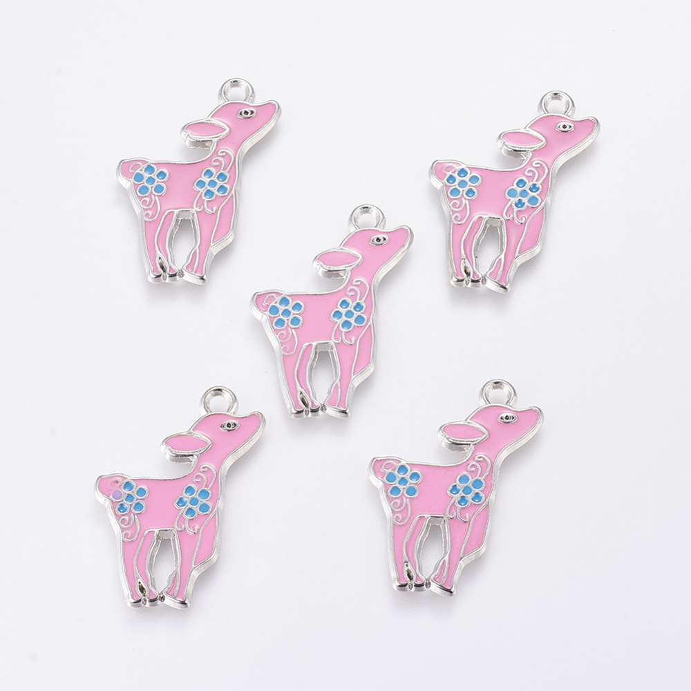 PandaHall HotPink Alloy Enamel Sika Deer Pendants, Platinum Metal Color, Lead Free and Cadmium Free, 33x19x2mm Alloy+Enamel Deer Pink