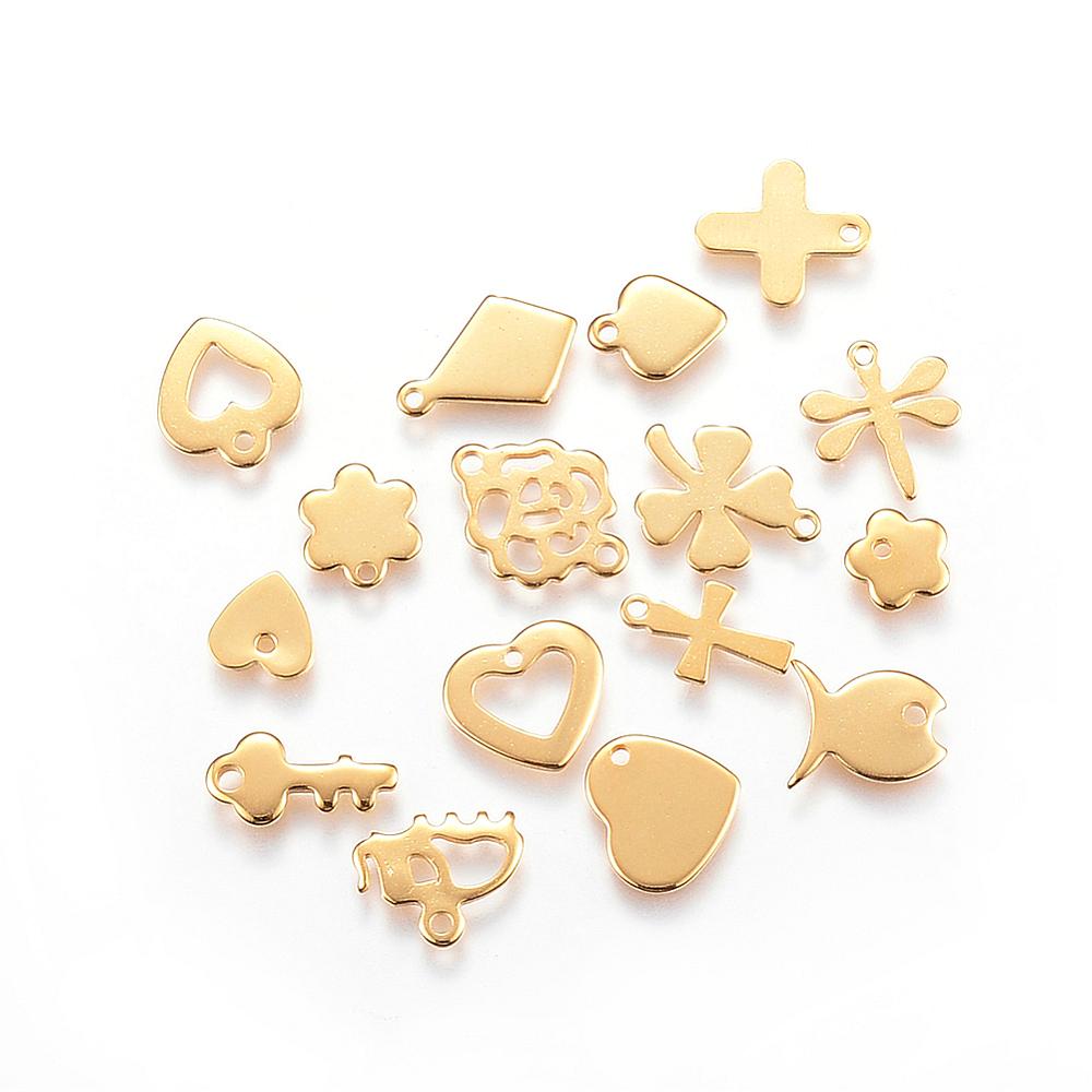 PandaHall 304 Stainless Steel Charms, Mixed Shapes, Golden, 6~13.5x3~11.5x0.8~1.5mm, Hole: 1~1.2mm Stainless Steel Mixed Shapes