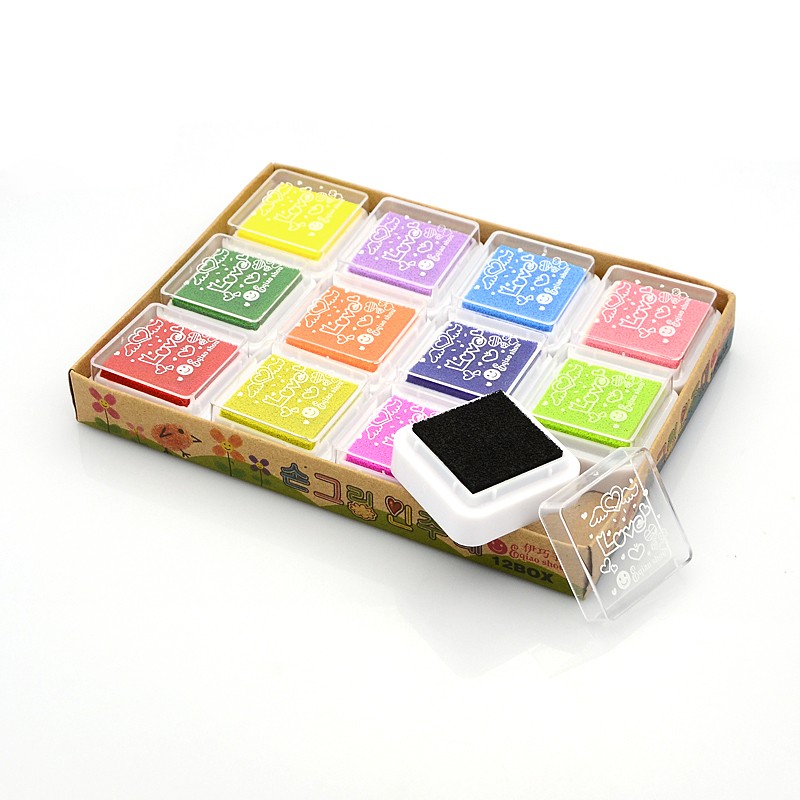 PandaHall Inkpads, Square Plastic Box with Sponge, Mixed Color, 33x33x16.5mm, About 12colors/box Plastic Multicolor