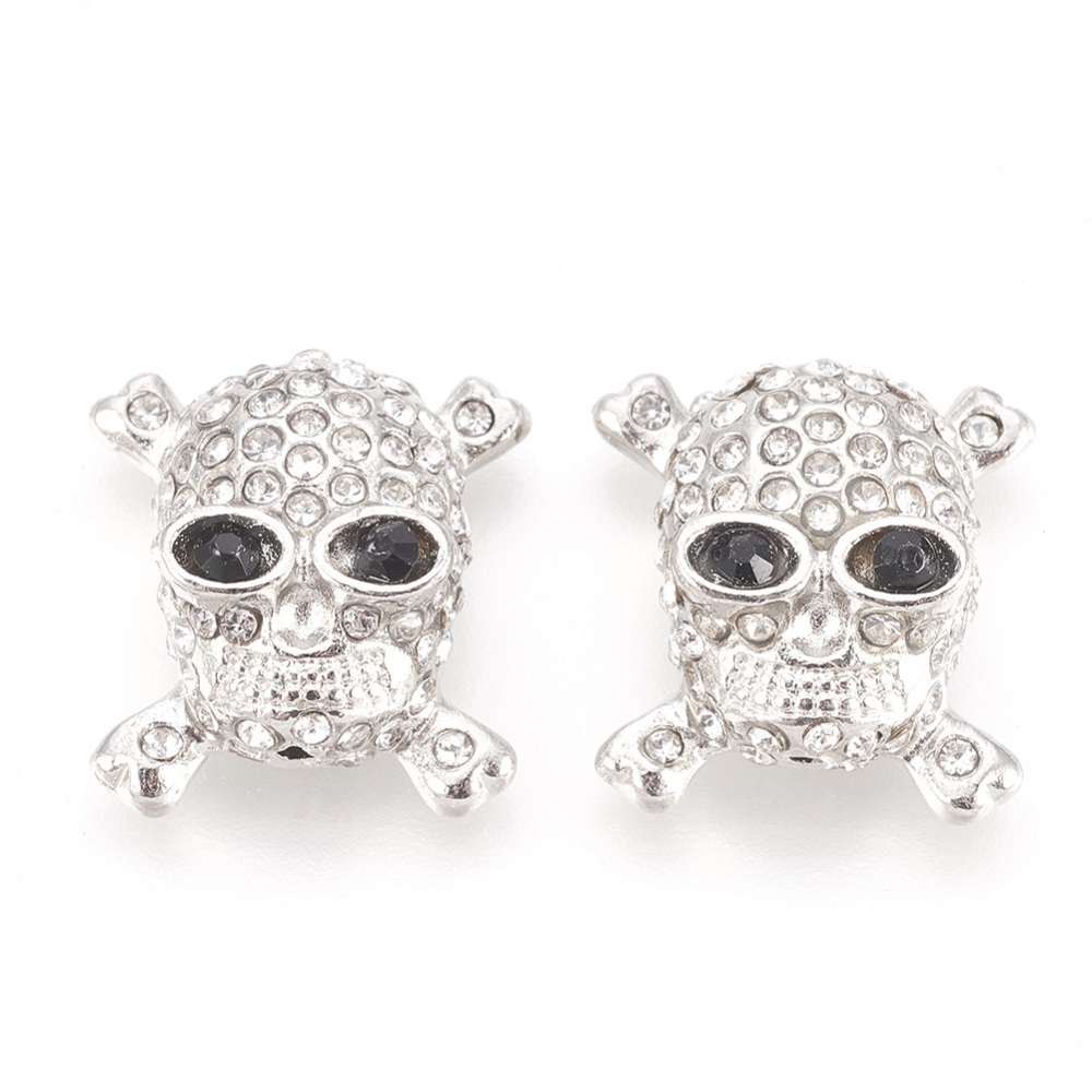 PandaHall Zinc Alloy with Rhinestone Beads, Halloween, Skull, Platinum Color, 18x17x8.5mm, Hole: 2mm Alloy+Rhinestone Skull Clear