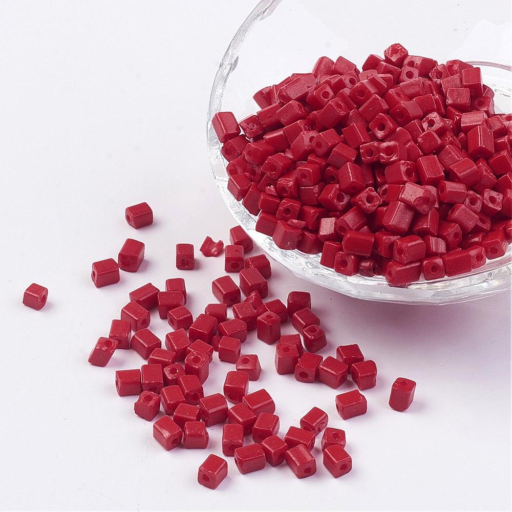 PandaHall Cube Opaque Colours Glass Seed Beads, Round Hole, Red, 3~7x3x3mm, Hole: 0.5mm; about 500pcs/50g Glass Cube Red