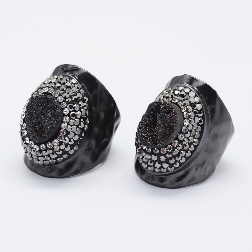 PandaHall Natural Druzy Quartz Cuff Rings, with Polymer Clay Czech Rhinestone and Brass Findings, Lead Free & Cadmium Free & Nickel Free...