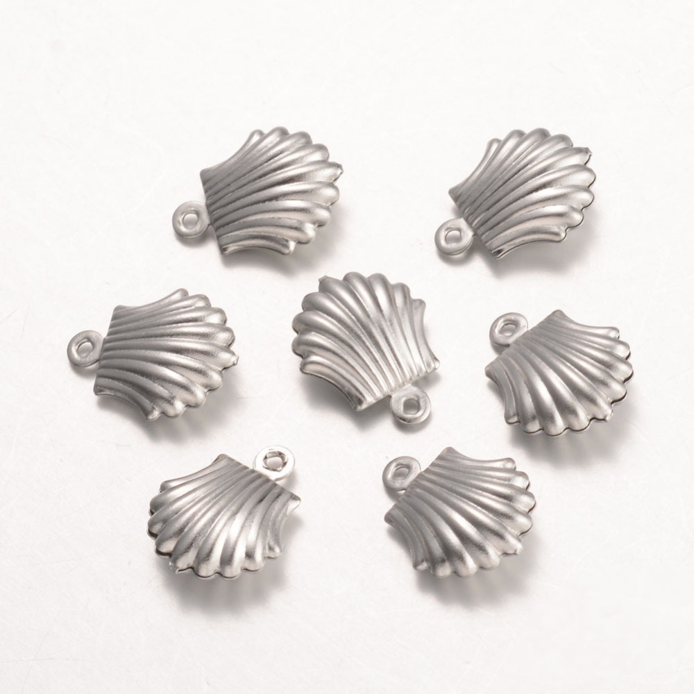 PandaHall 316 Stainless Steel Pendants, Shell, Stainless Steel Color, 14x11x4mm, Hole: 1mm Stainless Steel Shell