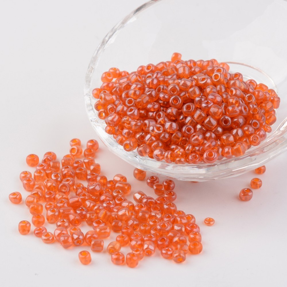 PandaHall Round Glass Seed Beads, Trans. Colours Lustered, Orange, Size: about 4mm in diameter, hole: 1.5mm; about 496pcs/50g Glass Orange