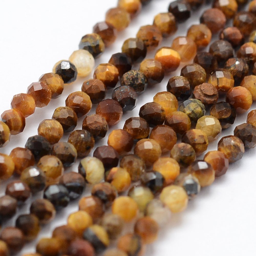 PandaHall Natural Tiger Eye Beads Strands, Faceted, Round, 2mm, Hole: 0.5mm; about 175pcs/strand, 14.9''(38cm) Tiger Eye Round