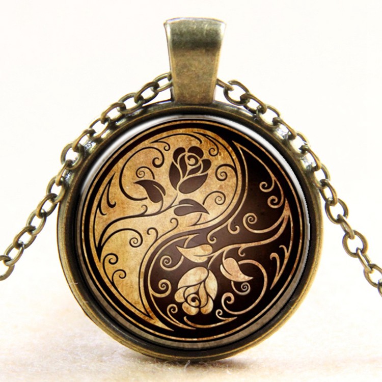 PandaHall Yin-Yang with Rose Pattern Flat Round Glass Pendant Necklaces, with Alloy Chains, Antique Bronze, 18" Glass