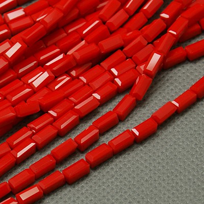 PandaHall Imitation Porcelain Glass Beads Strands, Faceted, Cuboid, Red, 7x3x3mm, Hole: 1mm; about 59pcs/strand, 15" Glass Cuboid Red
