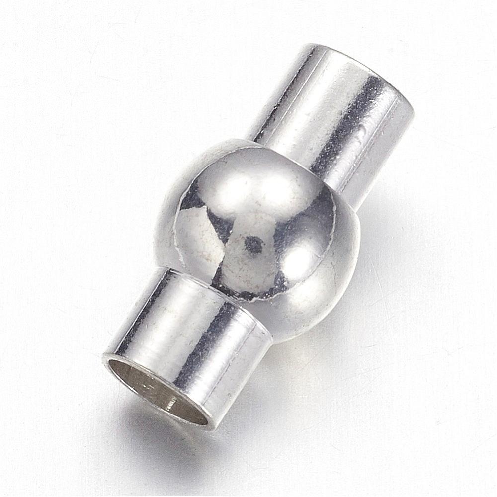 PandaHall Brass Magnetic Clasps for Bracelet Cord, Column, Silver, 15x9mm, Hole: 5mm Brass Column